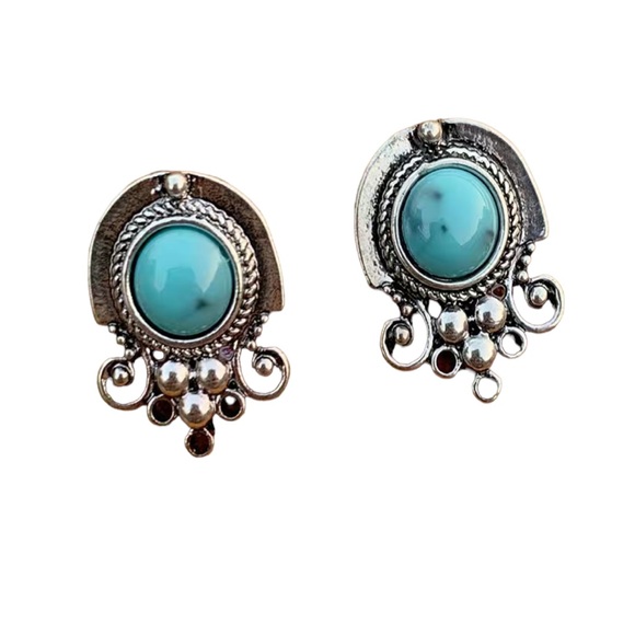 Silver and Turquoise Designed Drop Earrings - Picture 6 of 6